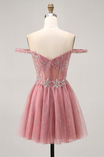 Off The Shoulder Dusty Rose Floral A Line Cocktail Dress